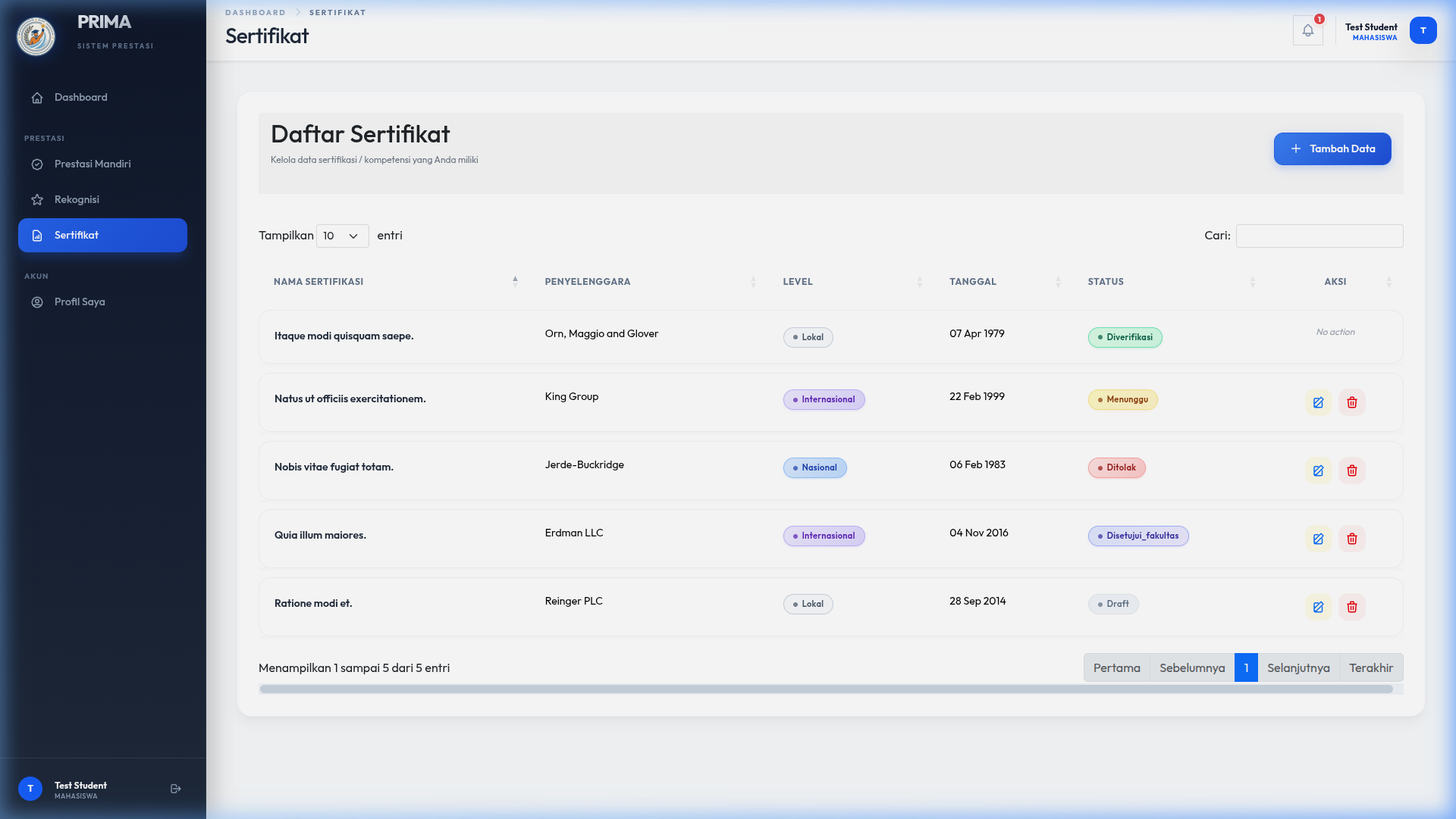 Sertifikat - Mahasiswa